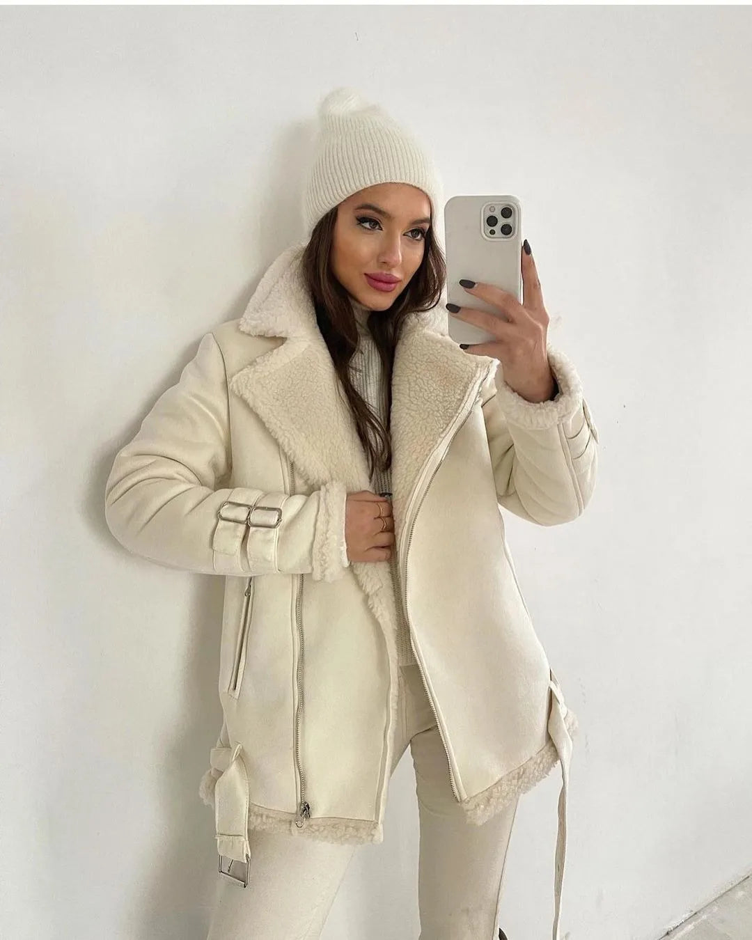 New Woman's Fashion Thick Warm Faux Shearling Jacket Coat Vintage Long Sleeve Belt Hem Female Outerw