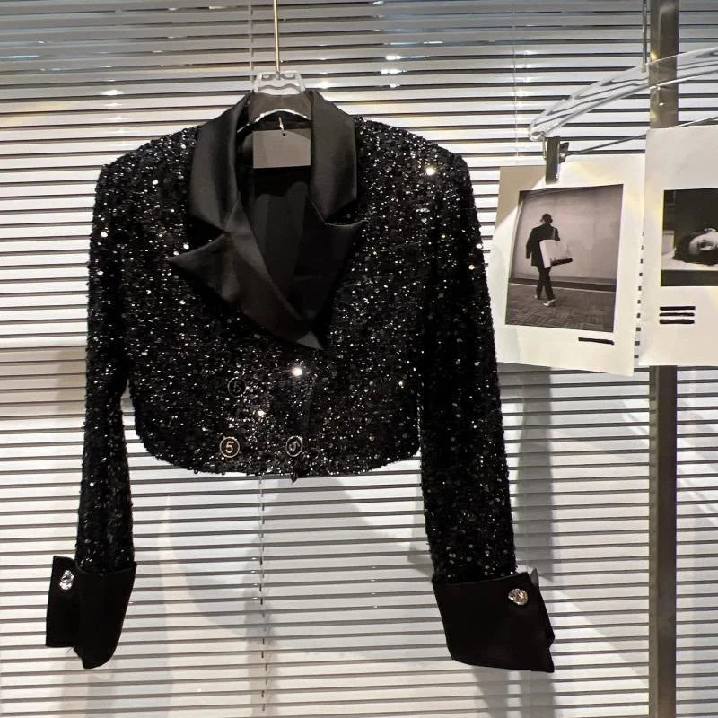 Small High Sequined Short Coat Female Autumn Temperament Online Celebrity Suit Collar Shiny Coat