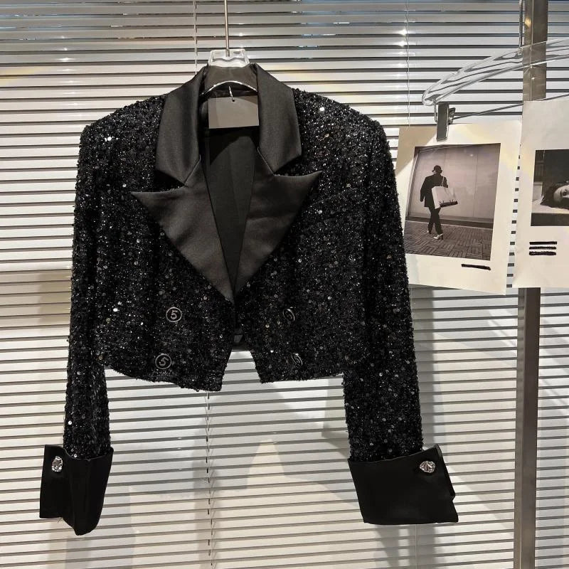 Small High Sequined Short Coat Female Autumn Temperament Online Celebrity Suit Collar Shiny Coat