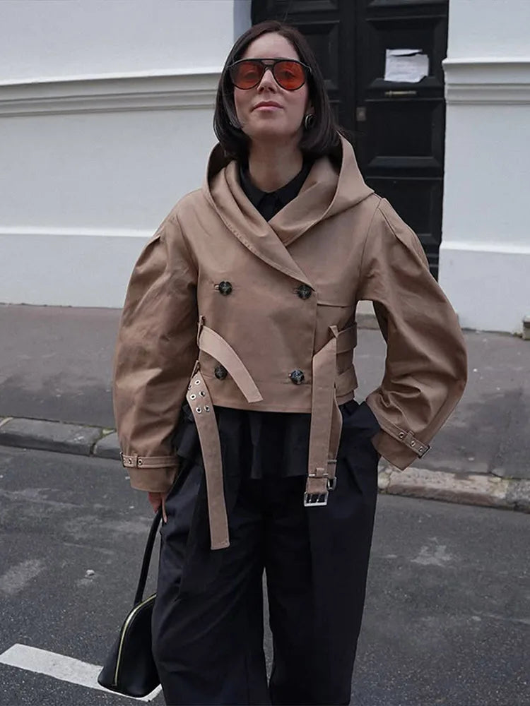 Chic Double Belt Hooded Full Sleeve Button Female Female Jackets 2025 Autumn Fashion High Street Lady Outwears