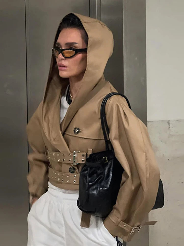 Chic Double Belt Hooded Full Sleeve Button Female Female Jackets 2025 Autumn Fashion High Street Lady Outwears