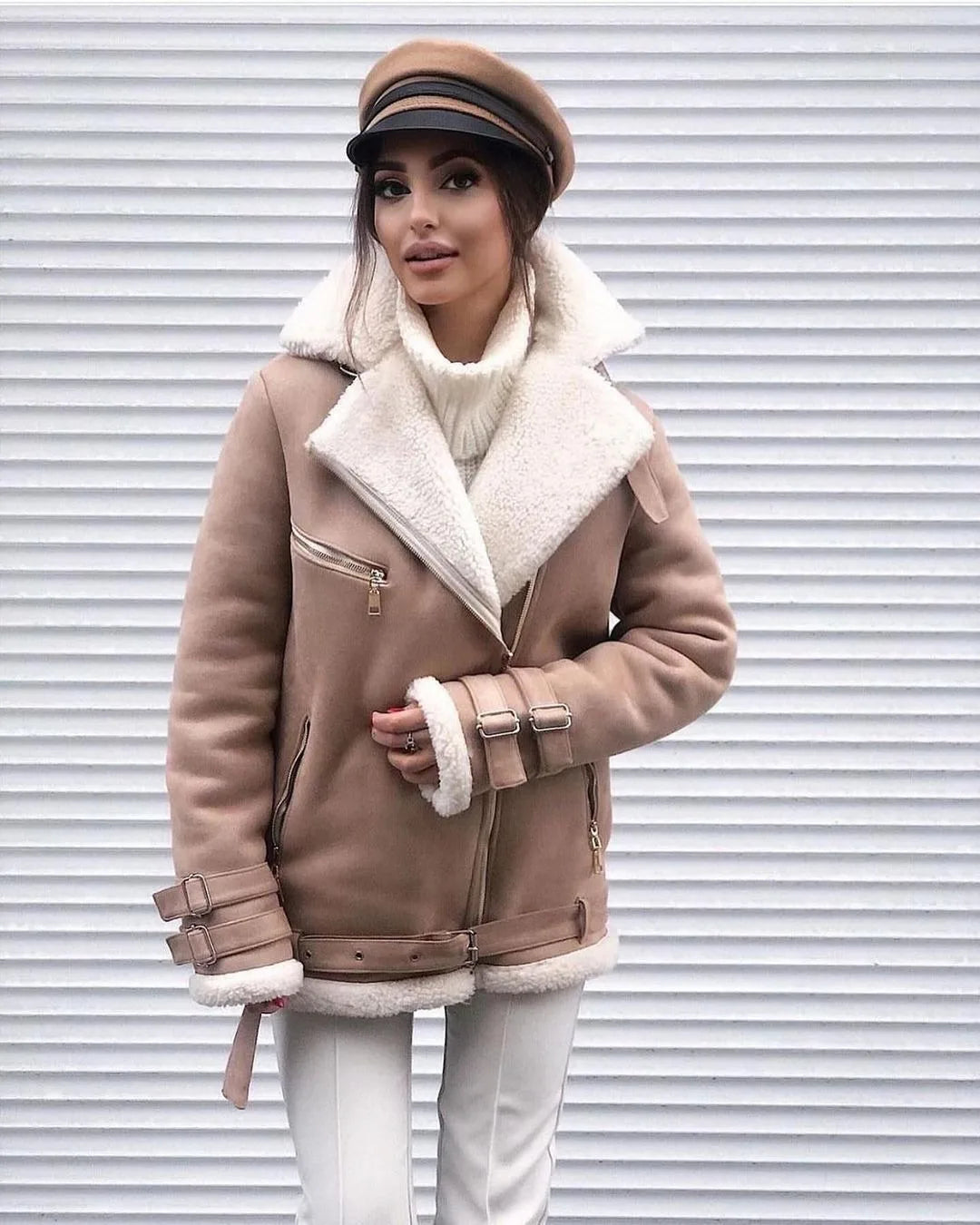 New Woman's Fashion Thick Warm Faux Shearling Jacket Coat Vintage Long Sleeve Belt Hem Female Outerw