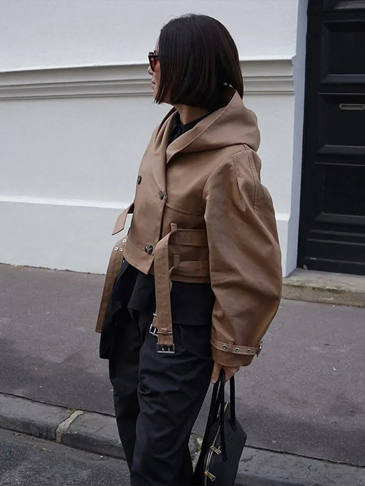 Chic Double Belt Hooded Full Sleeve Button Female Female Jackets 2025 Autumn Fashion High Street Lady Outwears