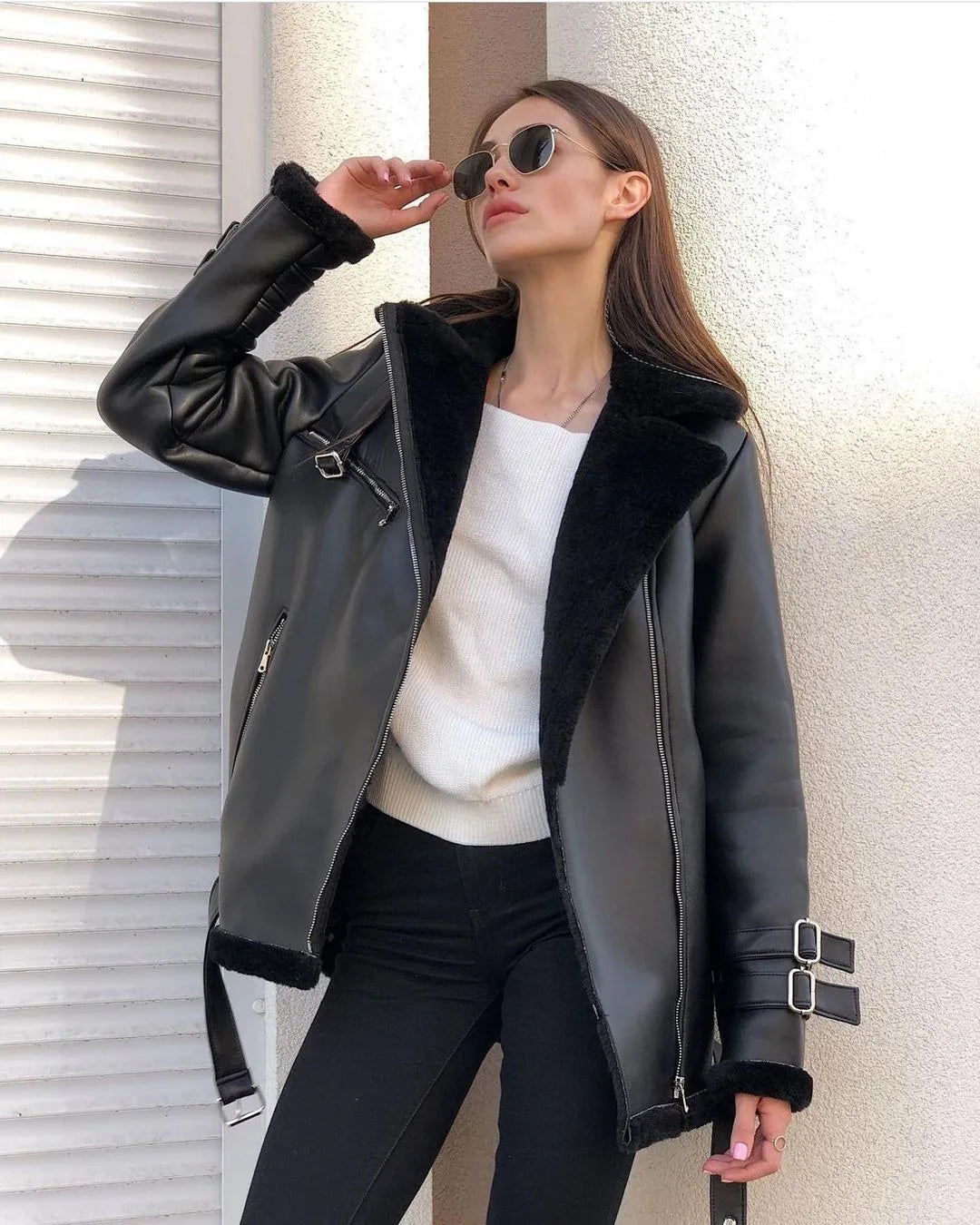 New Woman's Fashion Thick Warm Faux Shearling Jacket Coat Vintage Long Sleeve Belt Hem Female Outerw