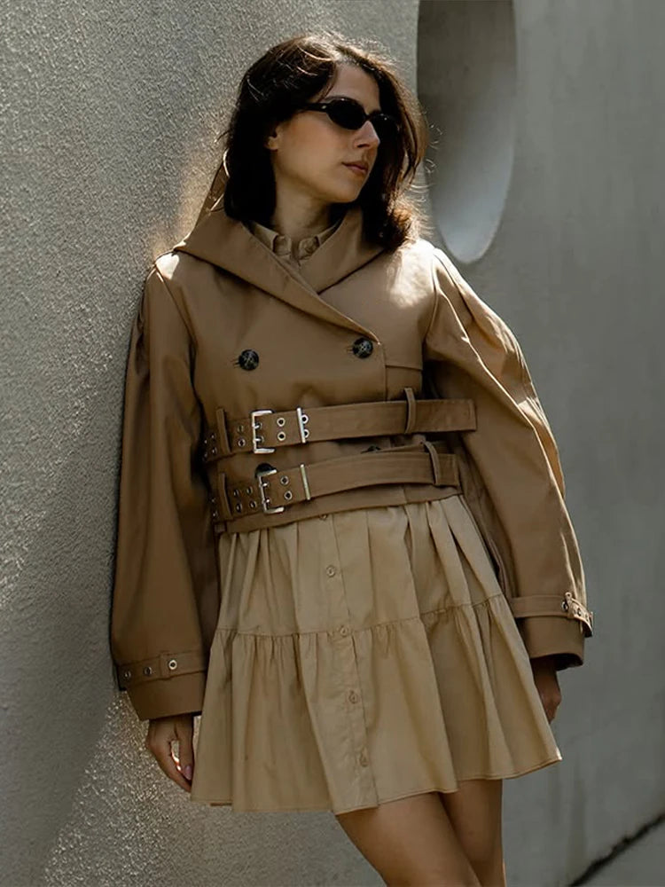 Chic Double Belt Hooded Full Sleeve Button Female Female Jackets 2025 Autumn Fashion High Street Lady Outwears