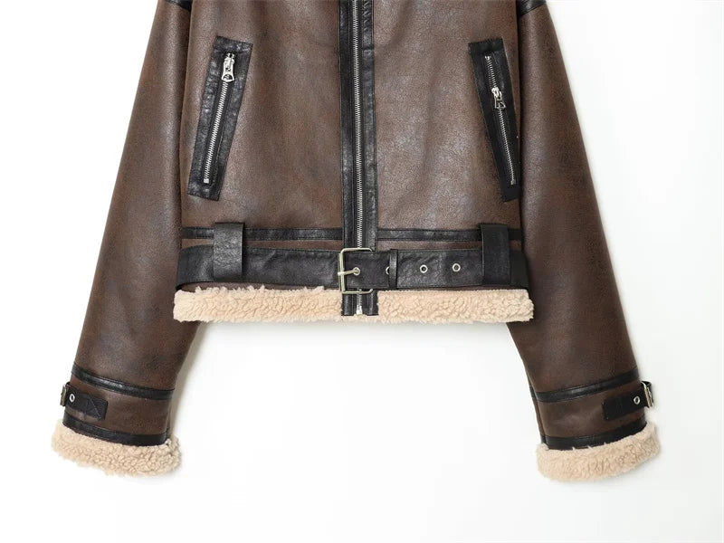 Women's Jacket 2025 Autumn New Style Brown Long Sleeve Short Warm Jacket Casual Fashion Biker Personality