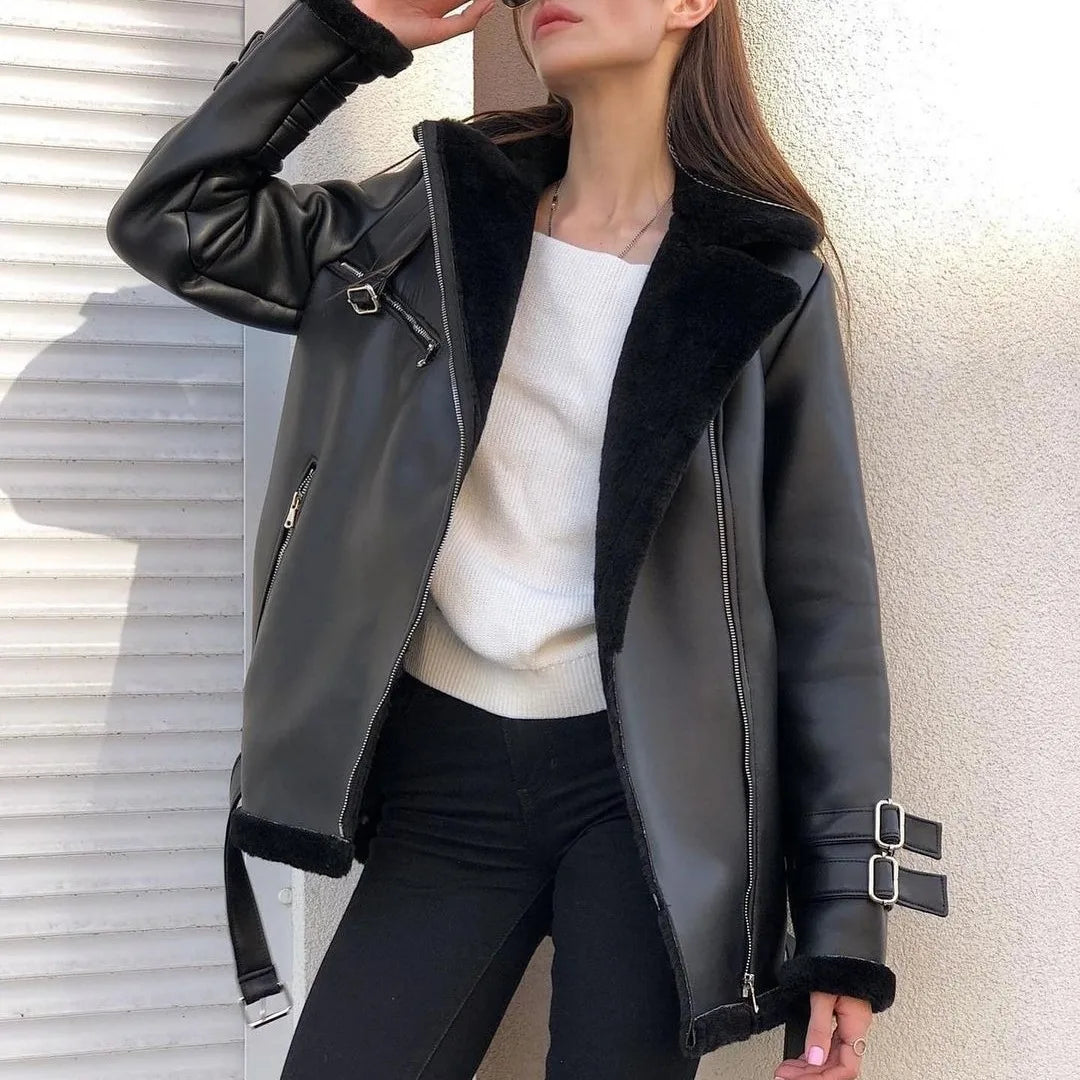 New Woman's Fashion Thick Warm Faux Shearling Jacket Coat Vintage Long Sleeve Belt Hem Female Outerw