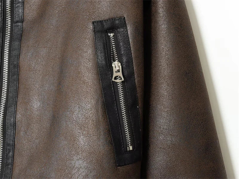 Women's Jacket 2025 Autumn New Style Brown Long Sleeve Short Warm Jacket Casual Fashion Biker Personality