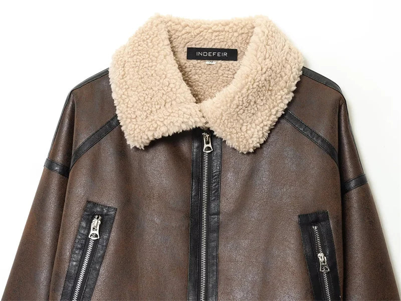 Women's Jacket 2025 Autumn New Style Brown Long Sleeve Short Warm Jacket Casual Fashion Biker Personality