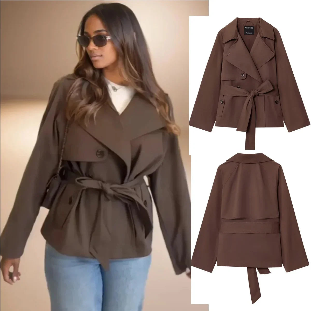 New Fall Trench Coat Russet Long Sleeve Belt Embellished Short Jacket Casual Fashion Personality Versatile Outwear