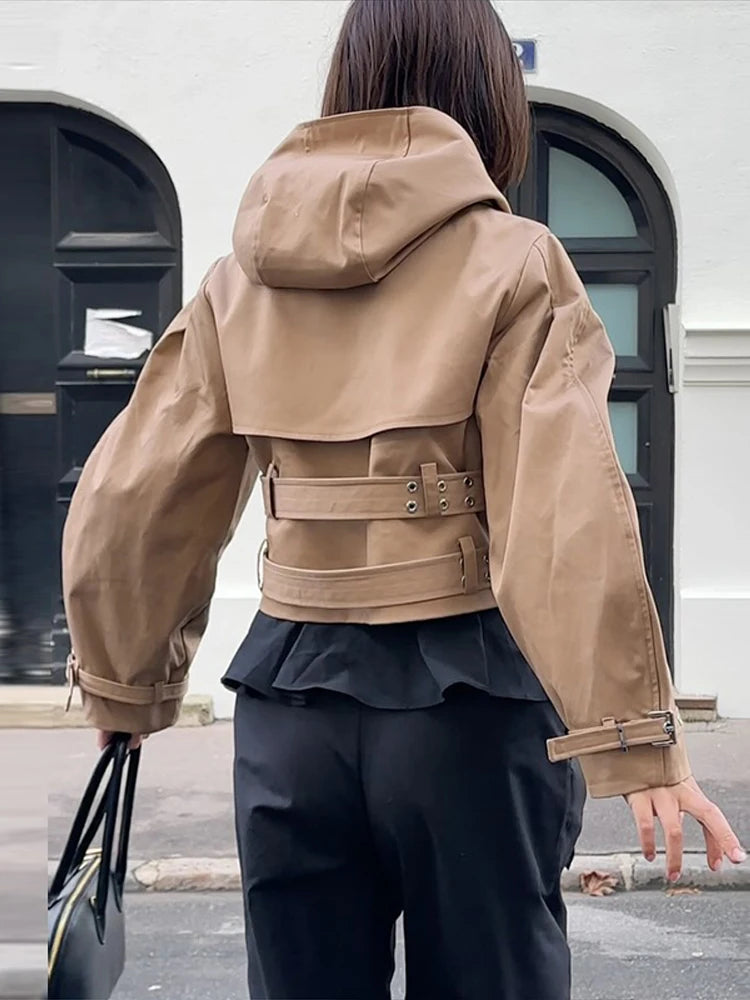Chic Double Belt Hooded Full Sleeve Button Female Female Jackets 2025 Autumn Fashion High Street Lady Outwears