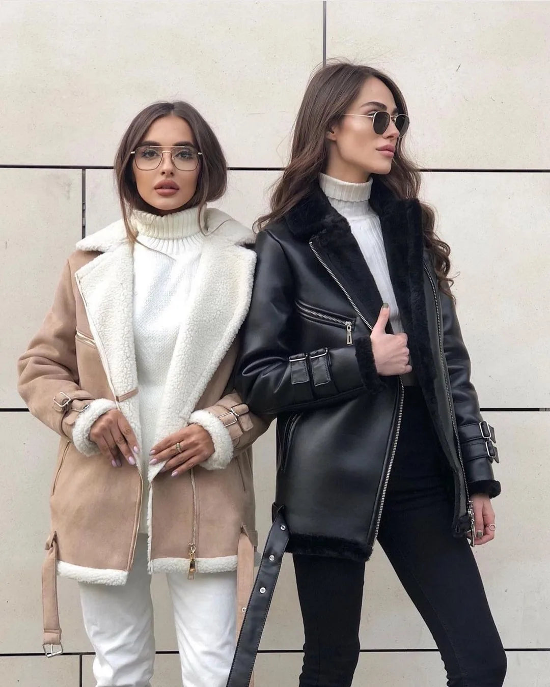 New Woman's Fashion Thick Warm Faux Shearling Jacket Coat Vintage Long Sleeve Belt Hem Female Outerw