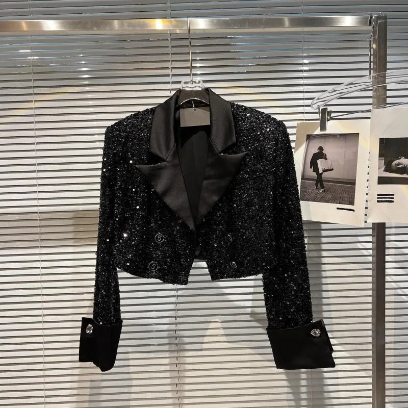 Small High Sequined Short Coat Female Autumn Temperament Online Celebrity Suit Collar Shiny Coat