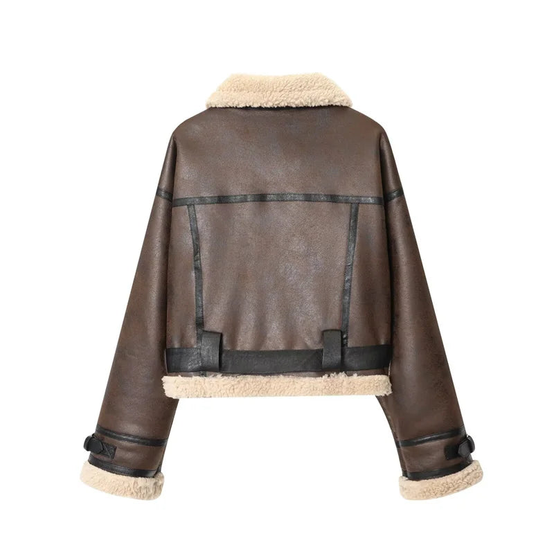 Women's Jacket 2025 Autumn New Style Brown Long Sleeve Short Warm Jacket Casual Fashion Biker Personality