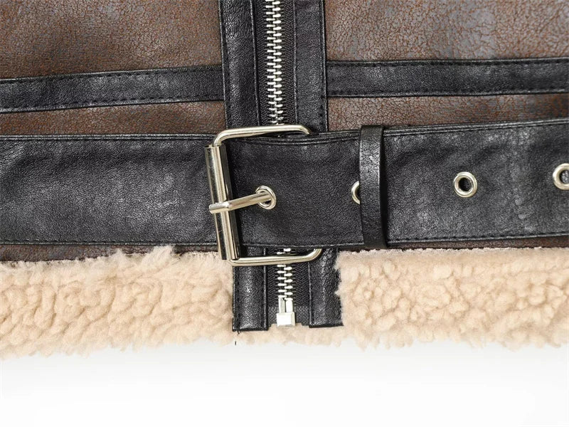 Women's Jacket 2025 Autumn New Style Brown Long Sleeve Short Warm Jacket Casual Fashion Biker Personality