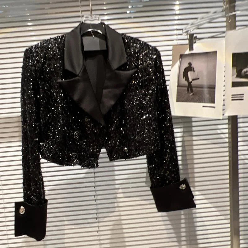 Small High Sequined Short Coat Female Autumn Temperament Online Celebrity Suit Collar Shiny Coat