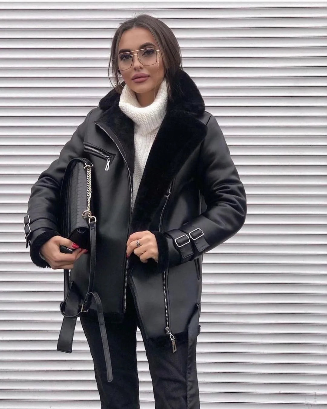 New Woman's Fashion Thick Warm Faux Shearling Jacket Coat Vintage Long Sleeve Belt Hem Female Outerw